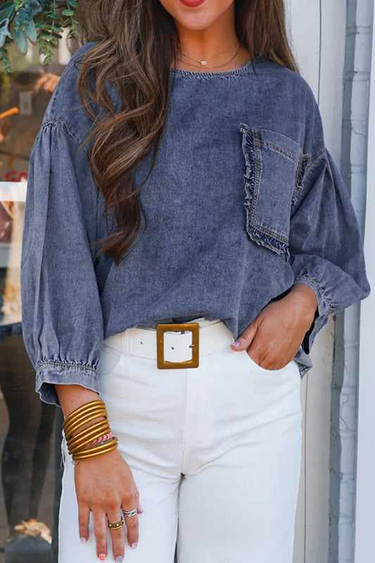 3/4 Sleeve Ruffled Patched Pocket Denim Blouse