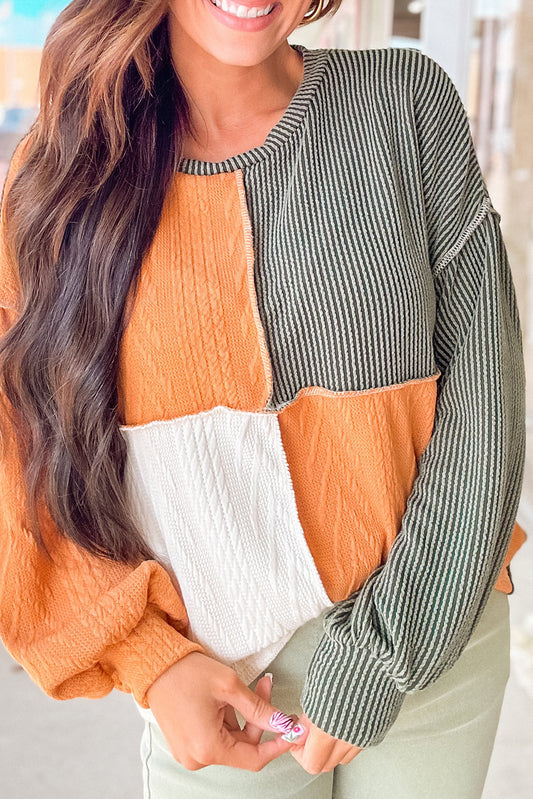 Mixed Texture Color Block Long Sleeve Top