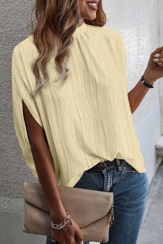 Wavy Textured Split Sleeve High Neck Blouse