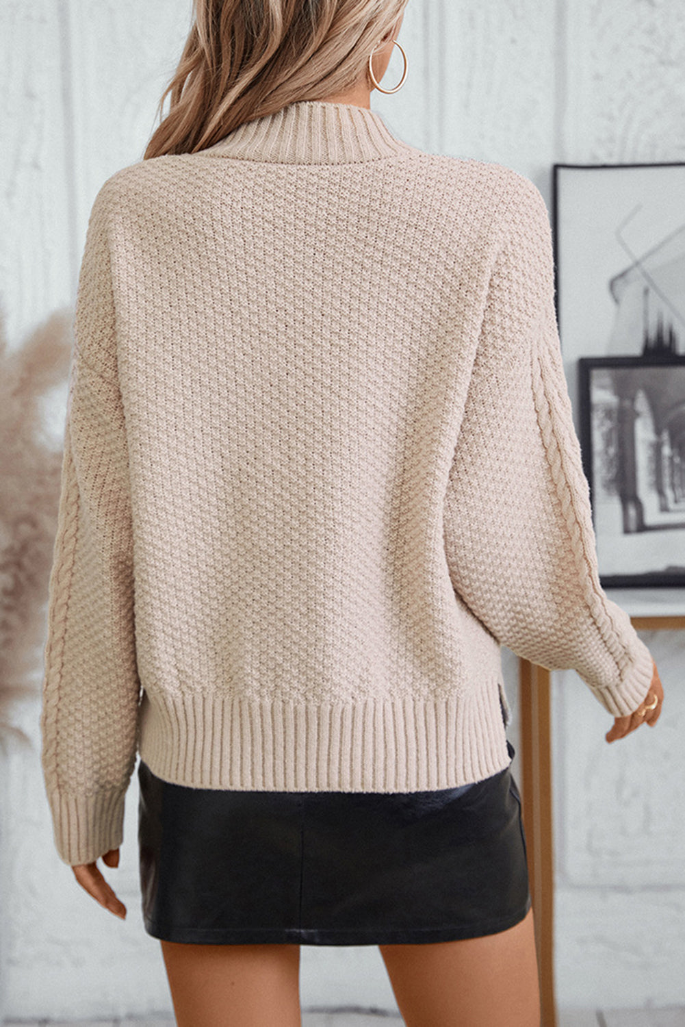 Solid Color Cable Knit High Neck Drop Shoulder Sweater