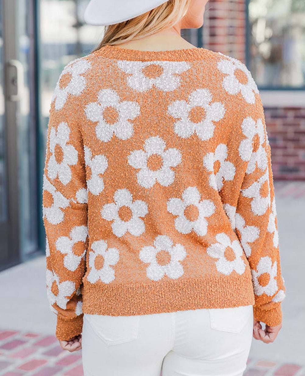 Fuzzy Floral Knitted Drop Shoulder Sweater