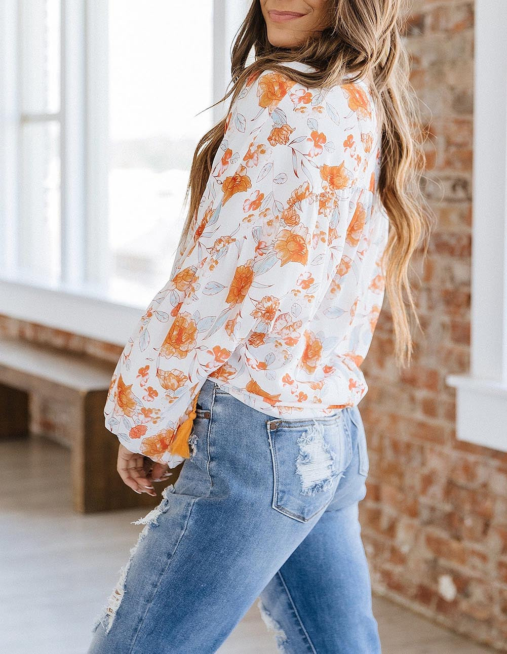 Tassel Tie V Neck Bubble Sleeve Floral Blouse