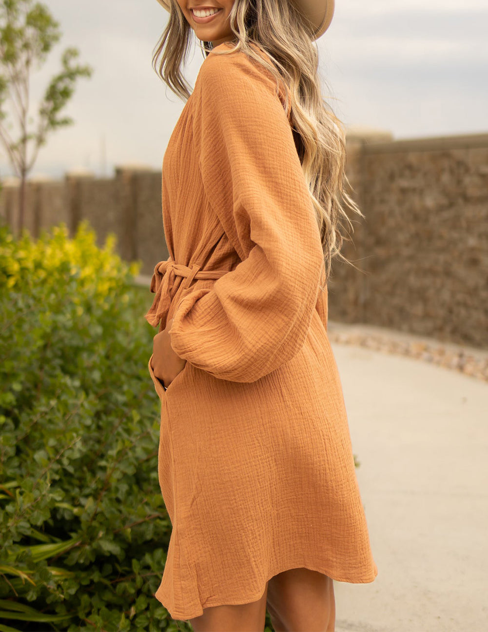 Puff Sleeve Crinkled Shirt Dress