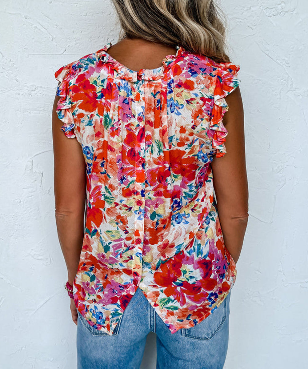 Frilled Neck Pleated Boho Floral Tank Top