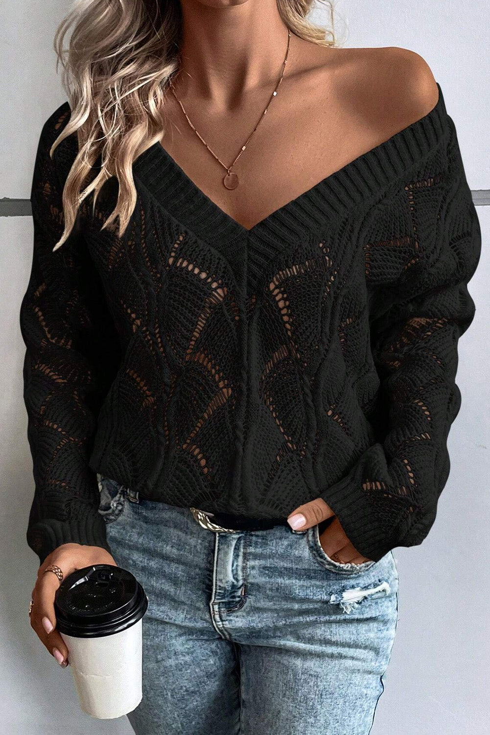 V Neck Drop Shoulder Sweater
