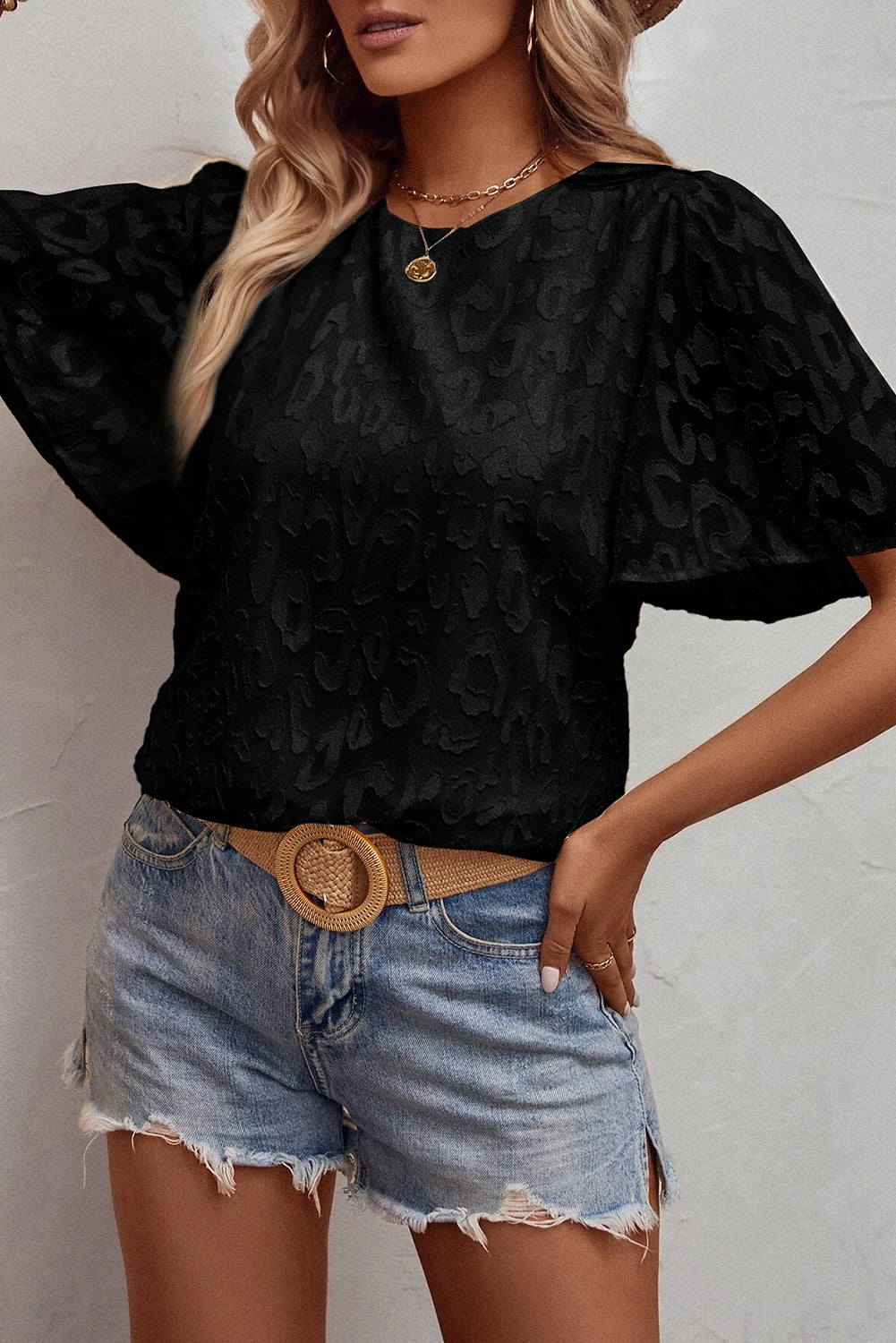 Elegant Jacquard Butterfly Sleeve Blouse