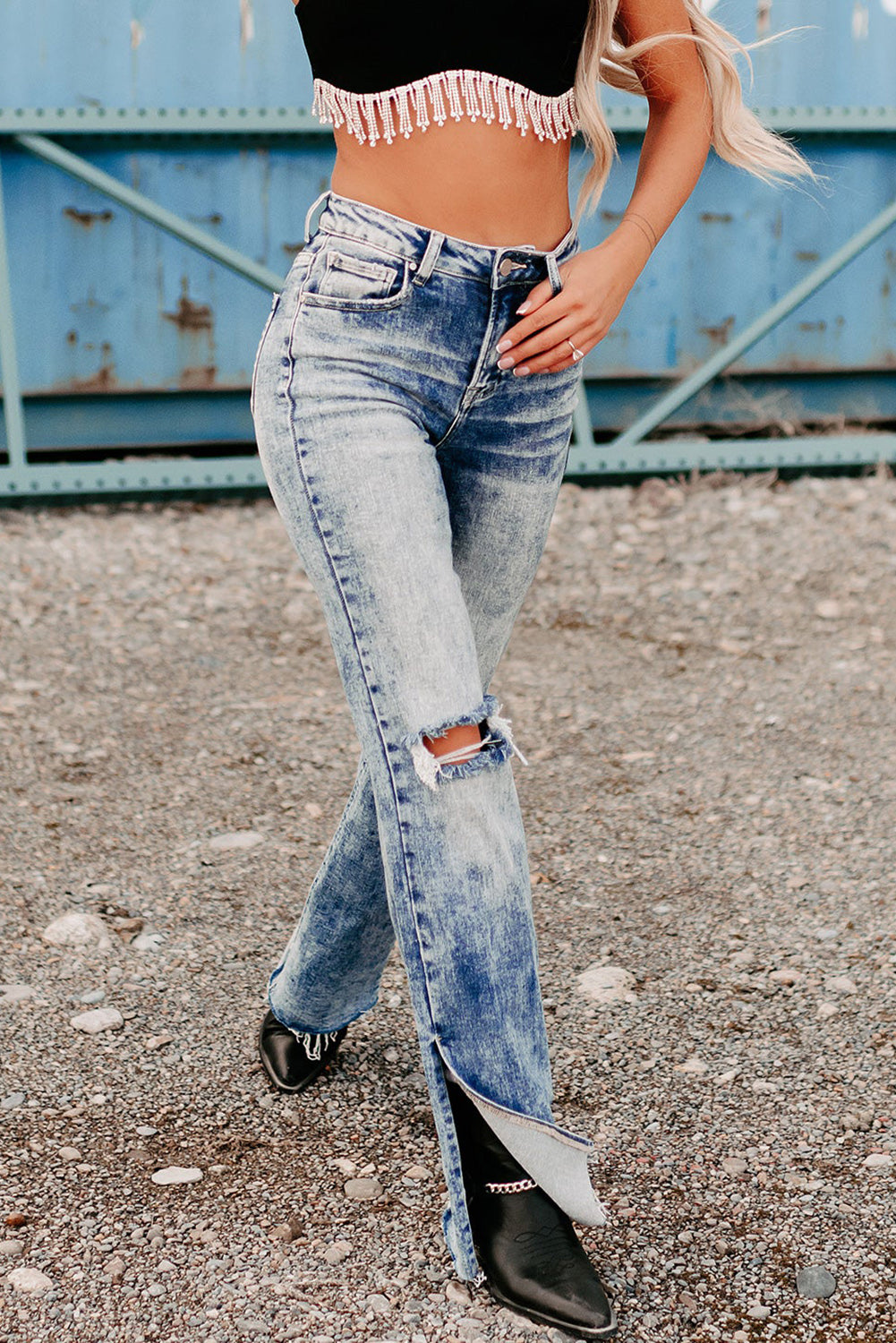 Vintage Distressed Split Hem Straight Leg Jeans