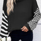 Striped Plaid Patchwork Waffle Knit Turtleneck Sweater