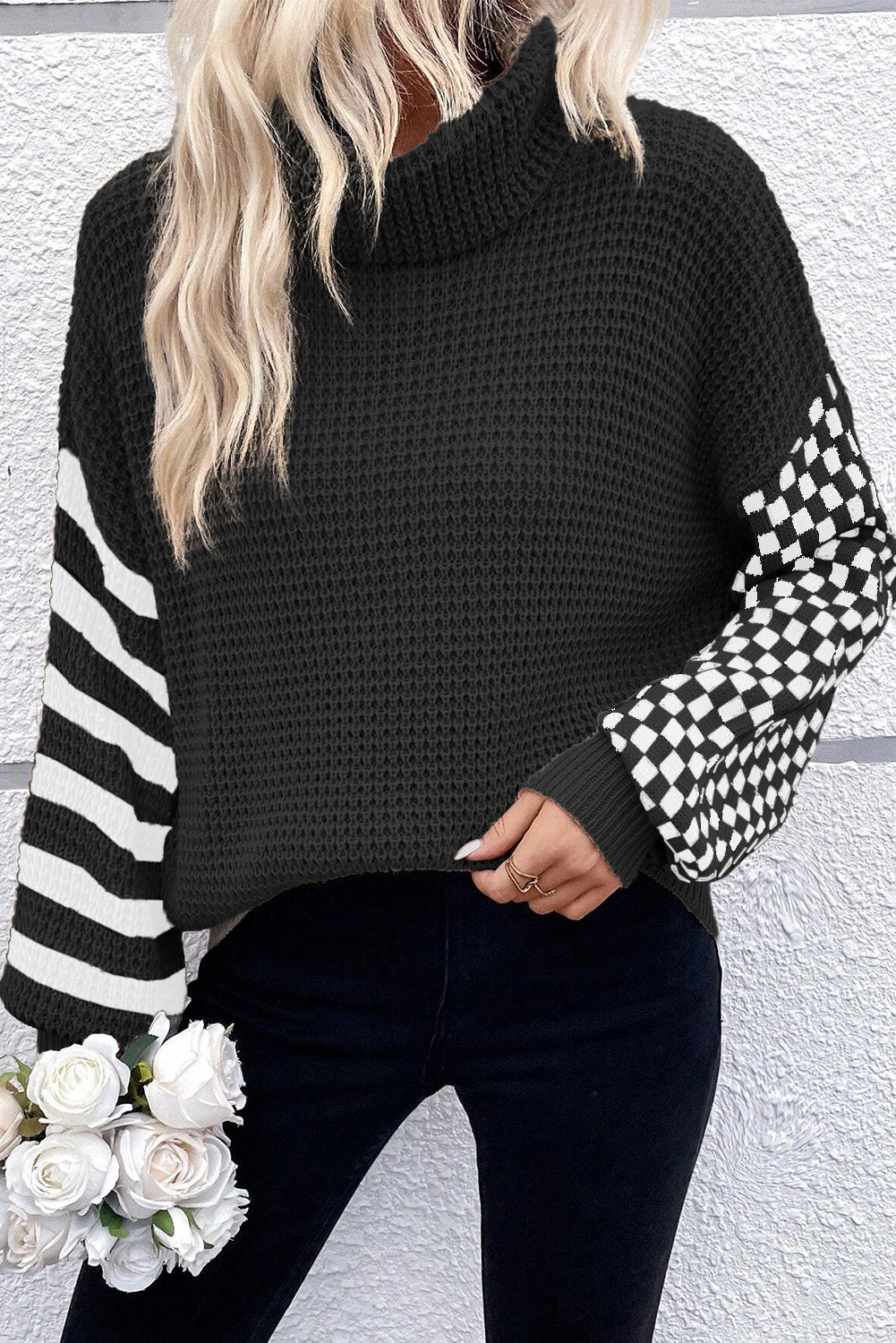 Striped Plaid Patchwork Waffle Knit Turtleneck Sweater