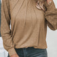 Contrast Lace Raglan Sleeve Plicate Round Neck Top