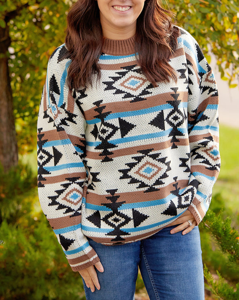 Aztec Knit Drop Shoulder Plus Size Sweater