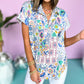 Mixed Floral Printed Collared Split Neck Blouse