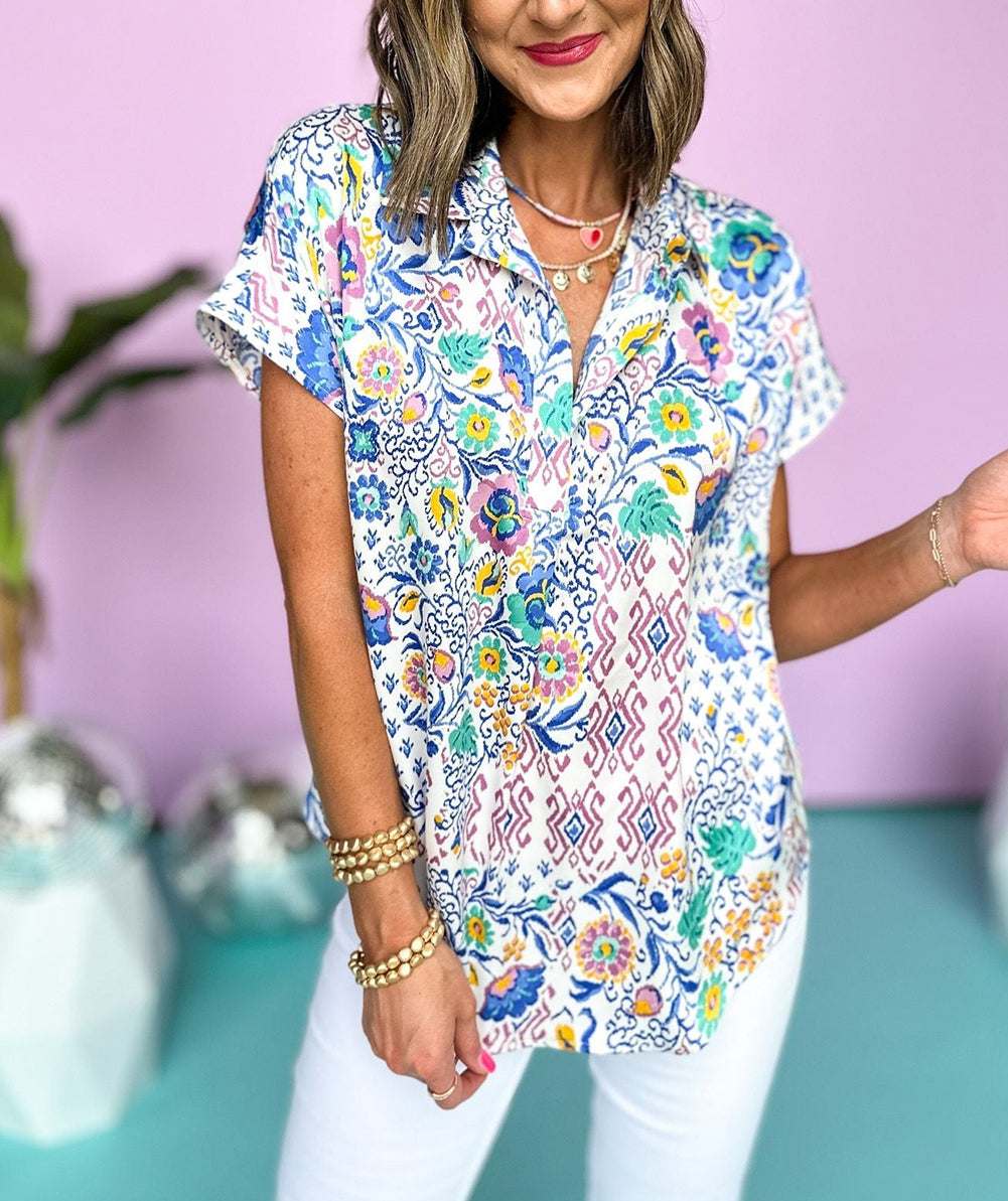 Mixed Floral Printed Collared Split Neck Blouse