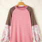 Mixed Print Raglan Sleeve Ribbed Knit Patchwork Blouse