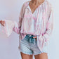 Mixed Print Split Neck Ruffle Bubble Sleeve Blouse