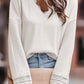 Ribbed Texture Lace Trim V Neck Long Sleeve Top