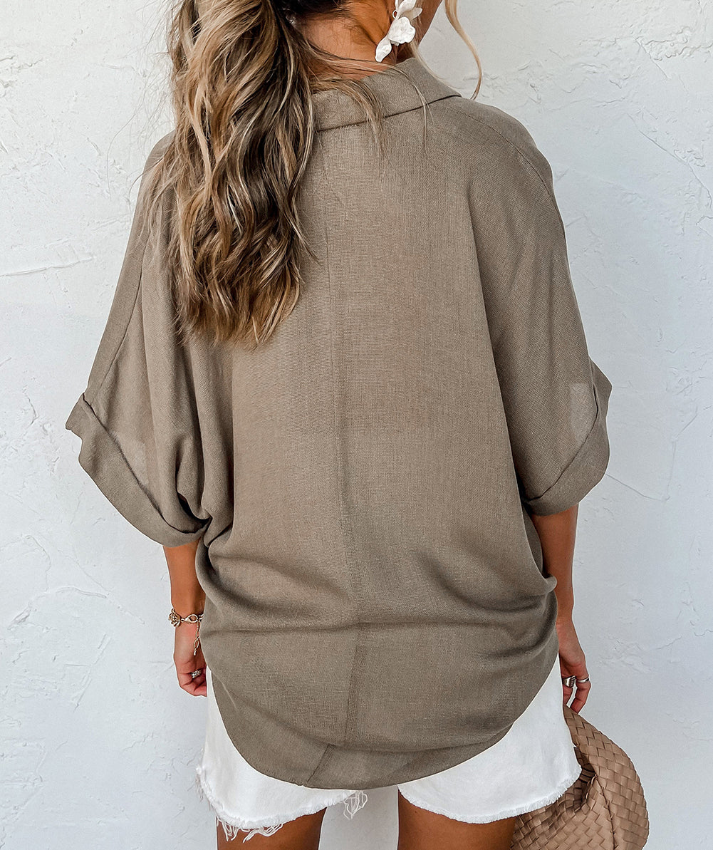 Half Buttons Folded Short Sleeve Oversize Top