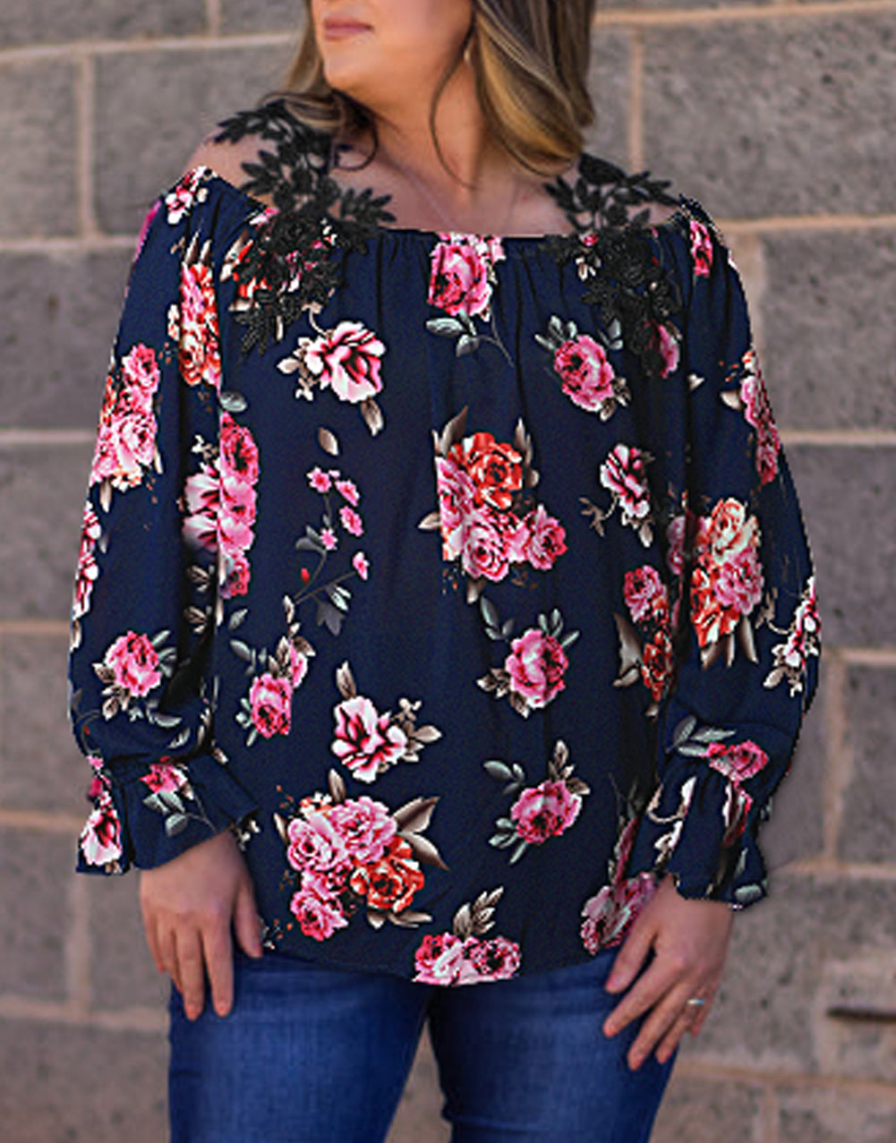 Plus Size Crochet Detail Cold shoulder Floral Blouse