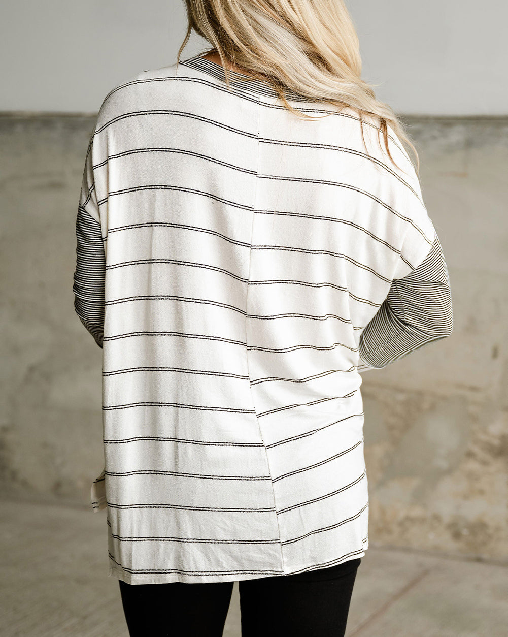 Stripe Patchwork High Low Side Slits Long Sleeve Top