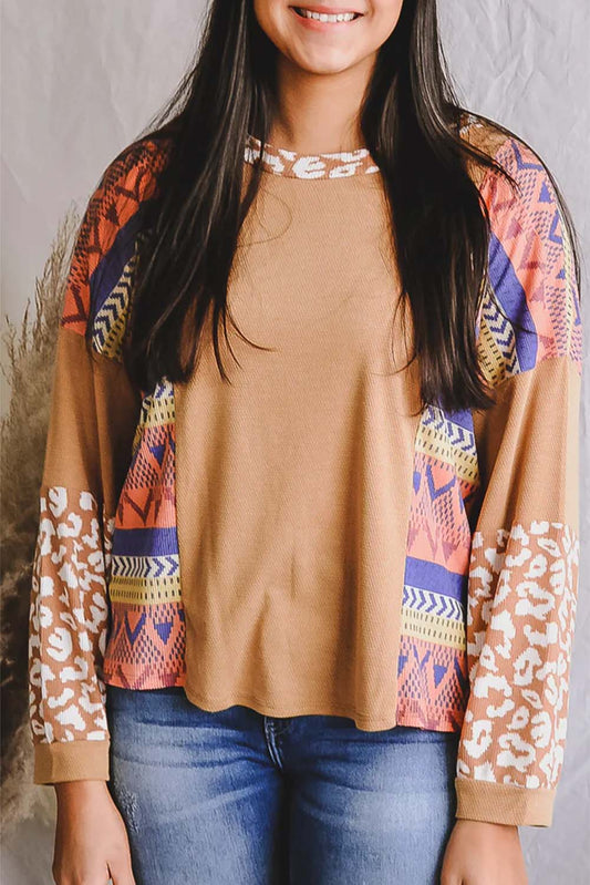 Western Print Patchwork Long Sleeve Tee