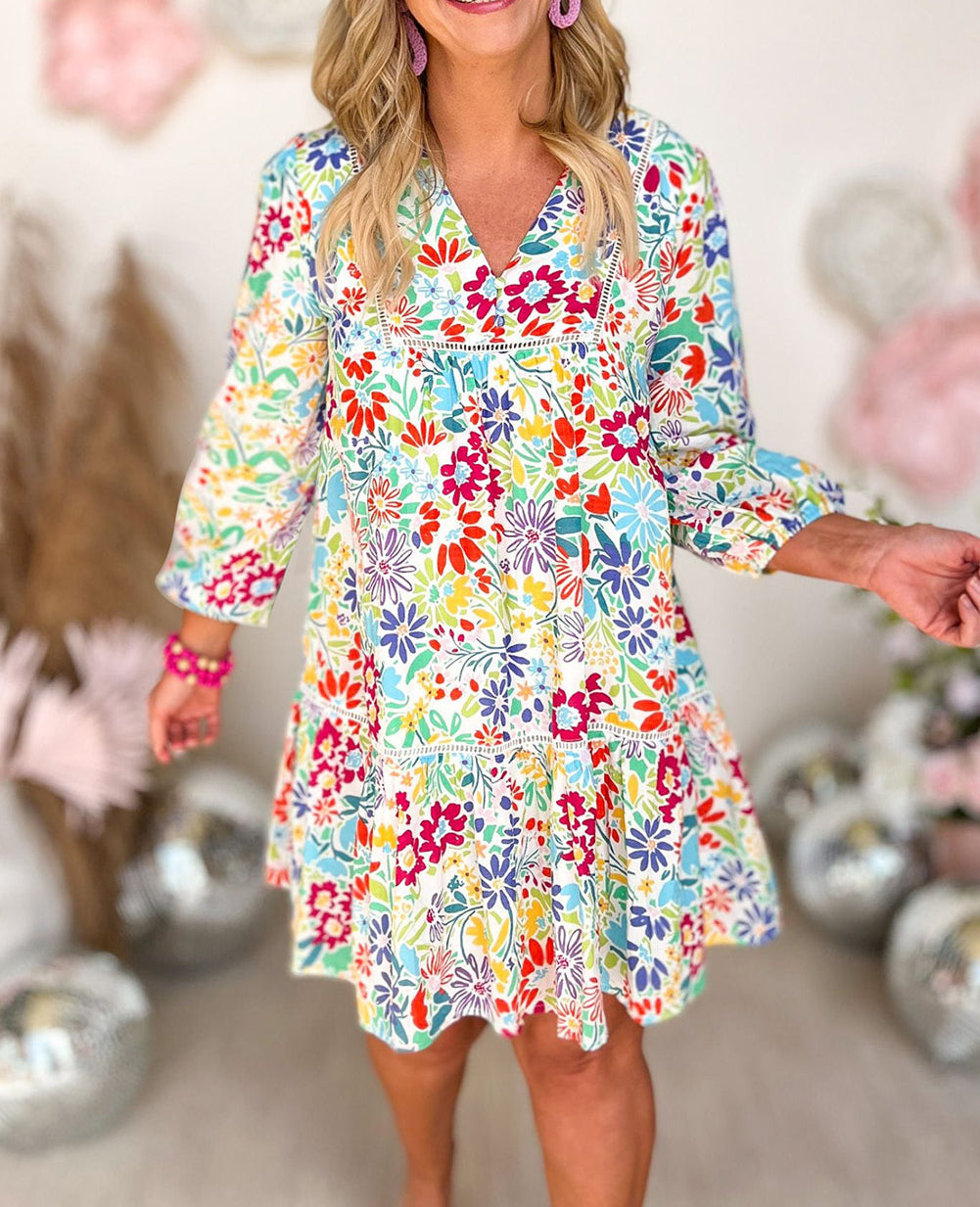 Floral Lace Eyelet V Neck Mini Dress