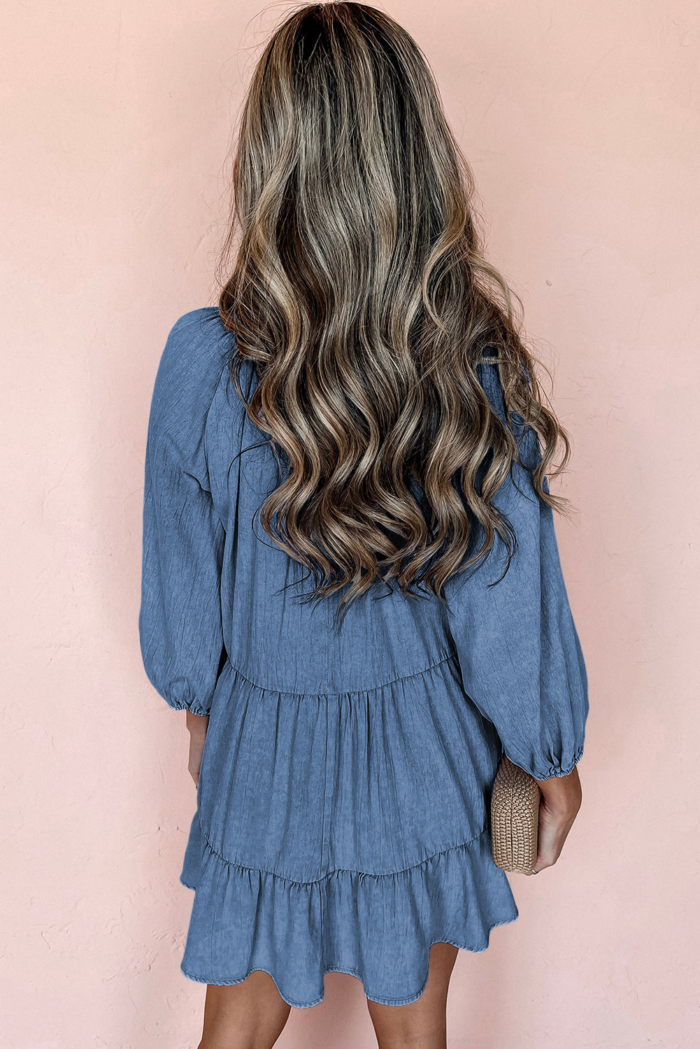 Puff Sleeve V Neck Tiered Ruffled Chambray Mini Dress