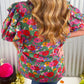 Plus Size Floral Print Ruffle V Neck Bubble Sleeve Blouse