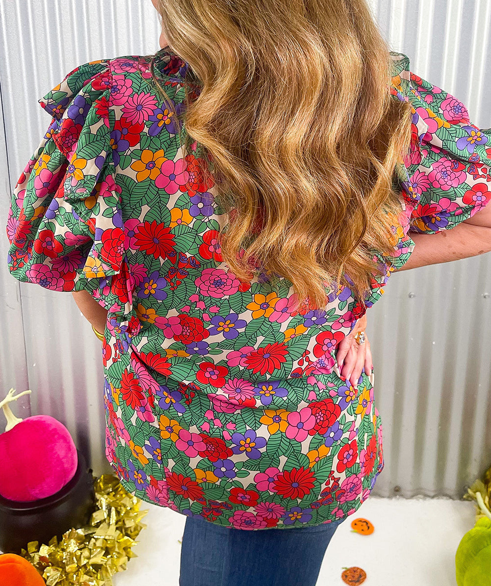 Plus Size Floral Print Ruffle V Neck Bubble Sleeve Blouse