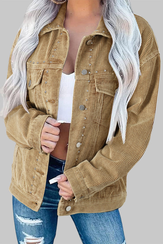 Studded Buttoned Chest Pockets Corduroy Jacket