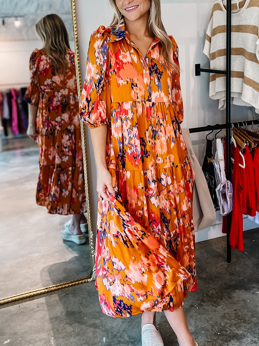 Abstract Print Pleated Half Sleeve Buttoned Maxi Dress