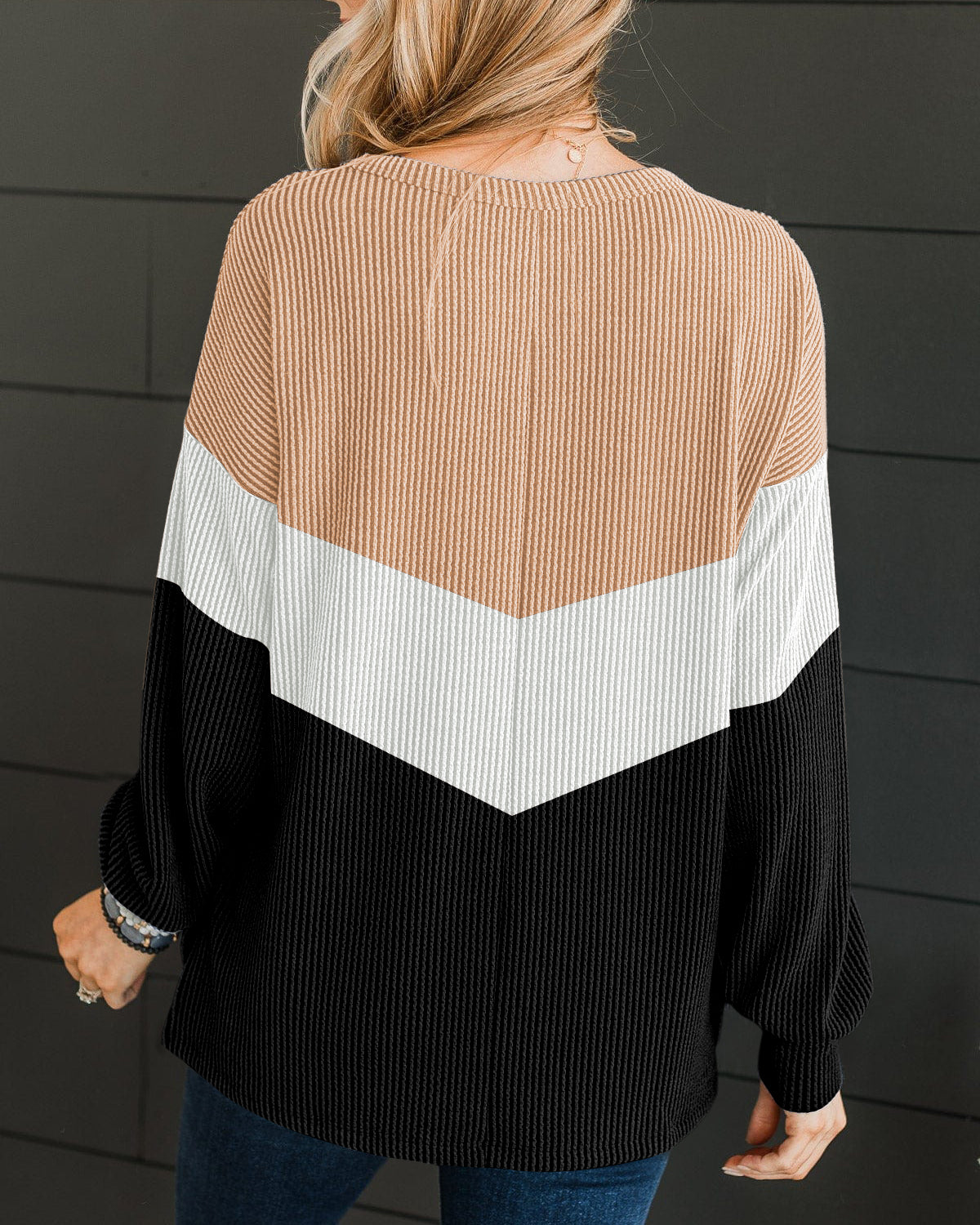 Color Block Corded Texture Long Sleeve Top