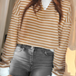 Stripe Patched Edge Textured Round Neck Long Sleeve Top