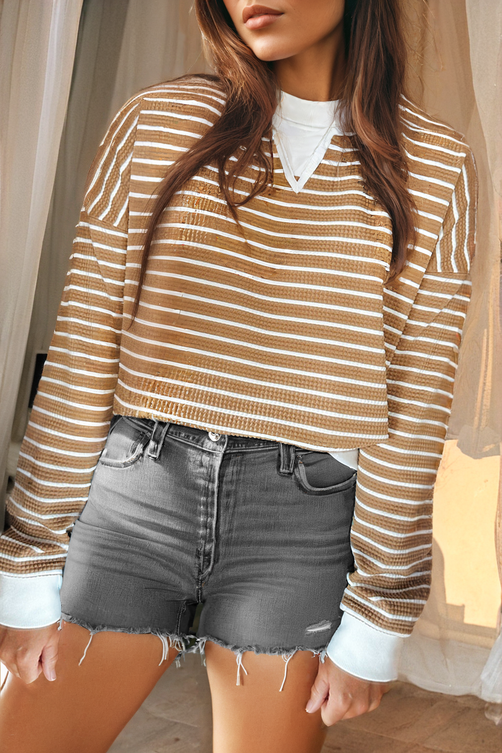 Stripe Patched Edge Textured Round Neck Long Sleeve Top