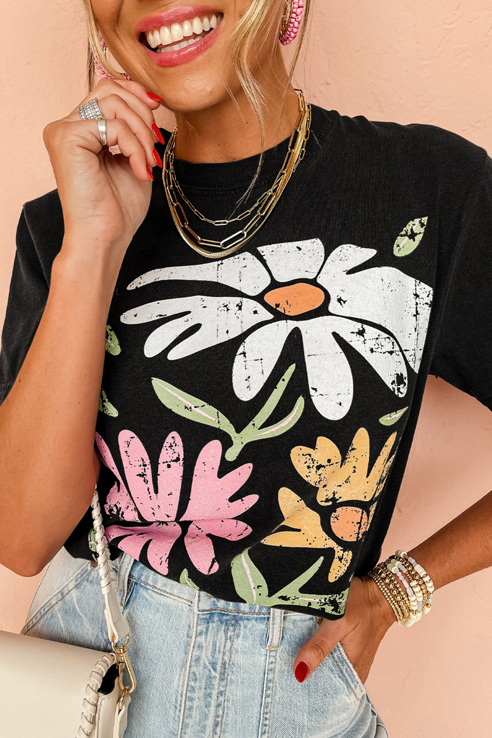 Retro Floral Print Crew Neck Casual T Shirt