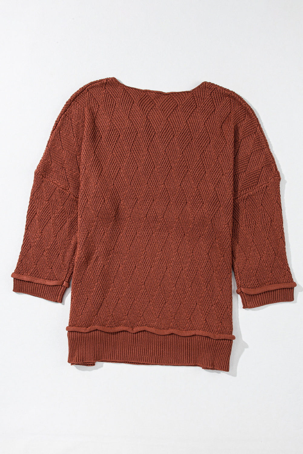 Solid Color Textured Crew Neck Loose Sweater