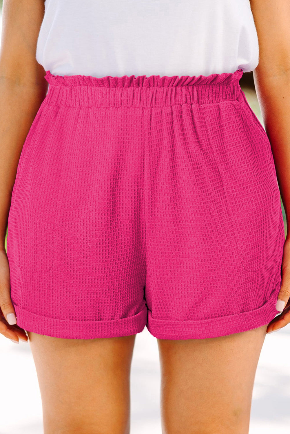 Plus Size Rolled Edge Ruffled Elastic Waist Textured Shorts