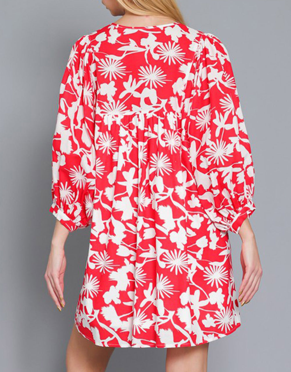 Floral Print Puff Sleeve Split Neck Babydoll Mini Dress