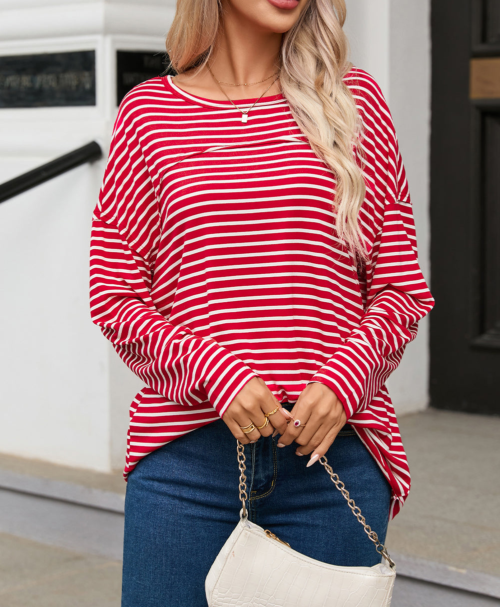 Striped Drop Shoulder Exposed Seam Long Sleeve Top