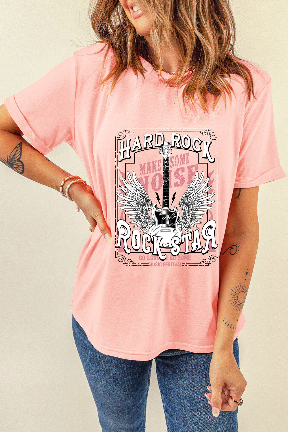 Hard Rock Guitar Print Crew Neck T Shirt