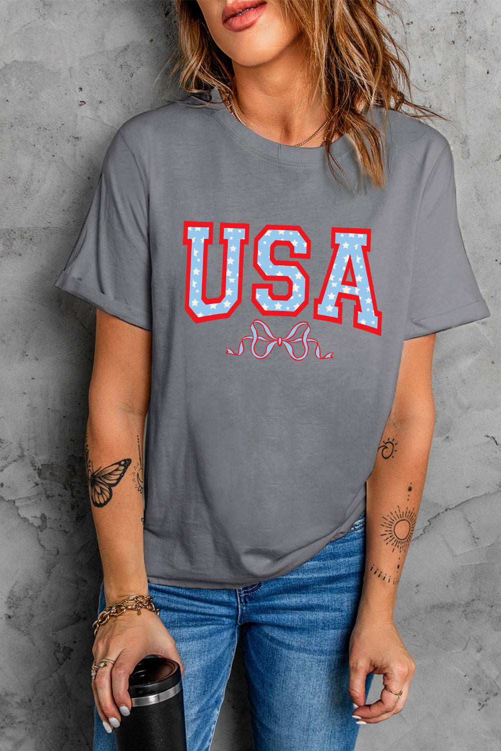 USA Star Bow Knot Print Crew Neck T Shirt