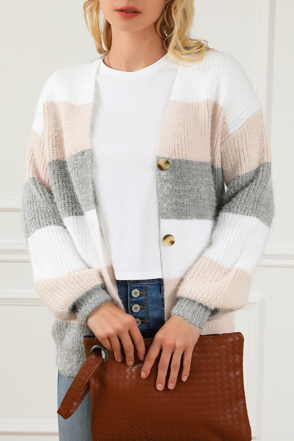 Color Block Button Front Fuzzy Knit Cardigan