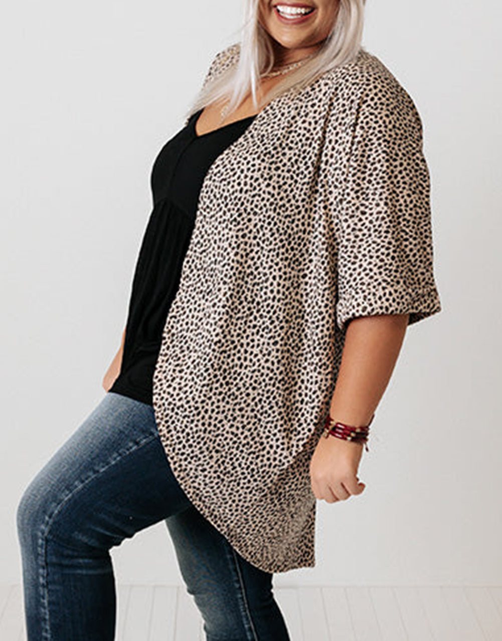 Plus Size Leopard Print Half Sleeve Open Front Cardigan