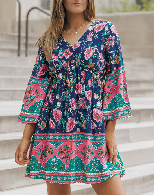 Boho Empire Waist Bracelet Sleeve Floral Dress