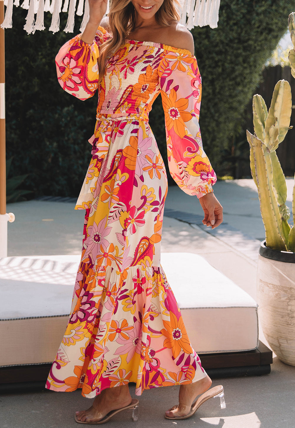 Boho Floral Smocked Off Shoulder Puff Sleeve Maxi Dress