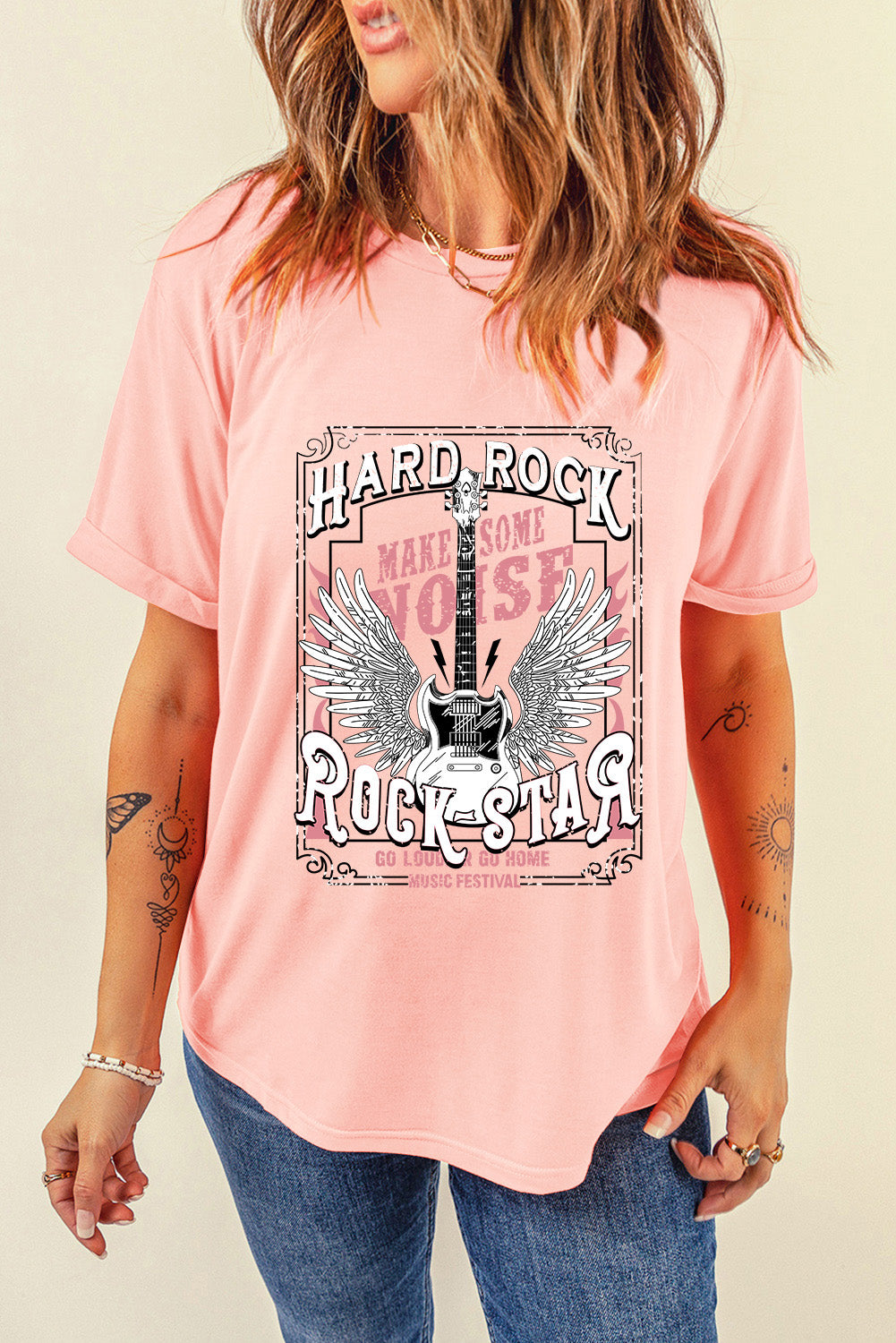 Hard Rock Guitar Print Crew Neck T Shirt