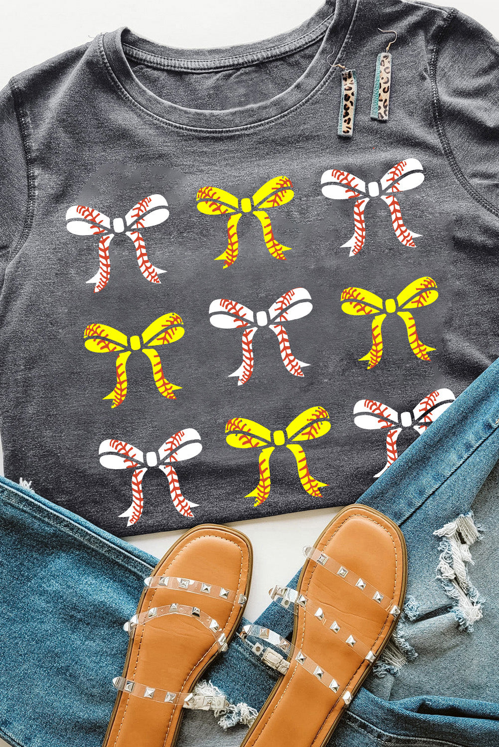 Baseball Bow Knot Mineral Wash Crew Neck T Shirt