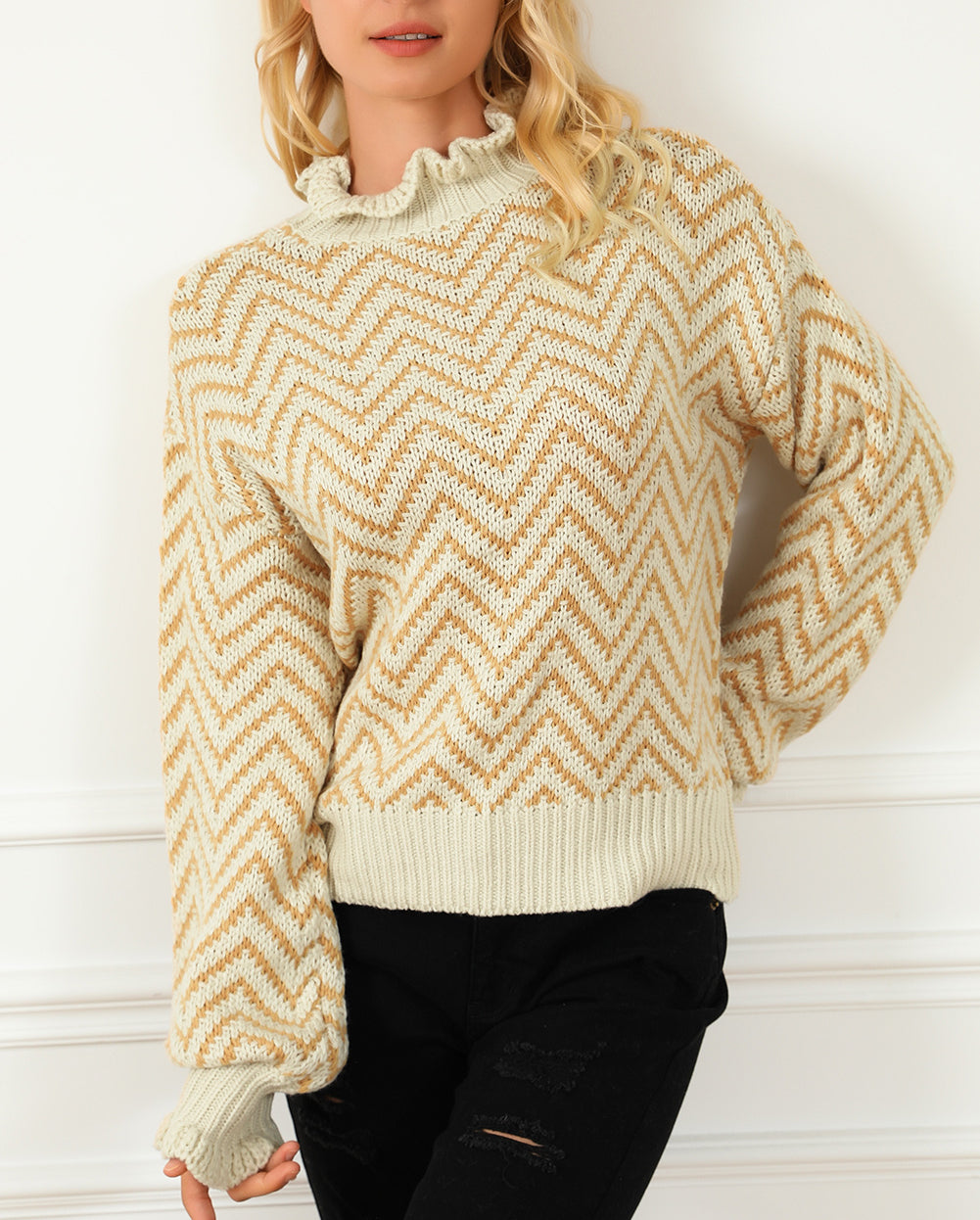 Chevron Striped High Neck Drop Shoulder Sweater