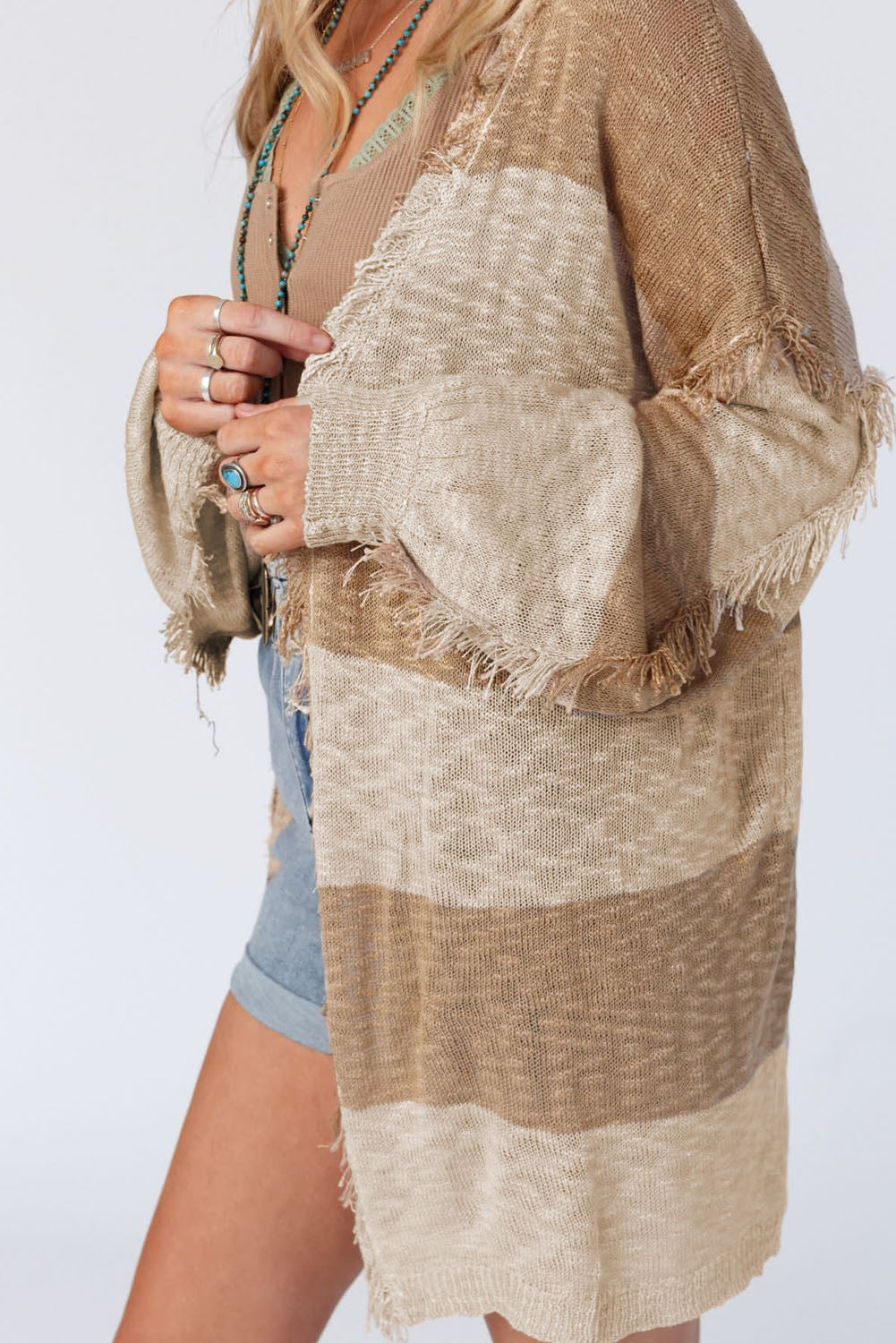 Stripe Lantern Sleeve Fringed Open Cardigan