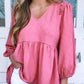 Frilled V Neck Puff Sleeve Babydoll Blouse