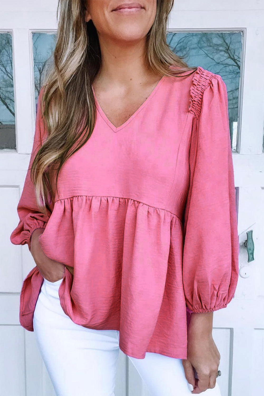 Frilled V Neck Puff Sleeve Babydoll Blouse